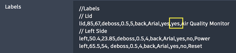 BoxMaker Text Labels textarea with SeparateBody=yes highlighted